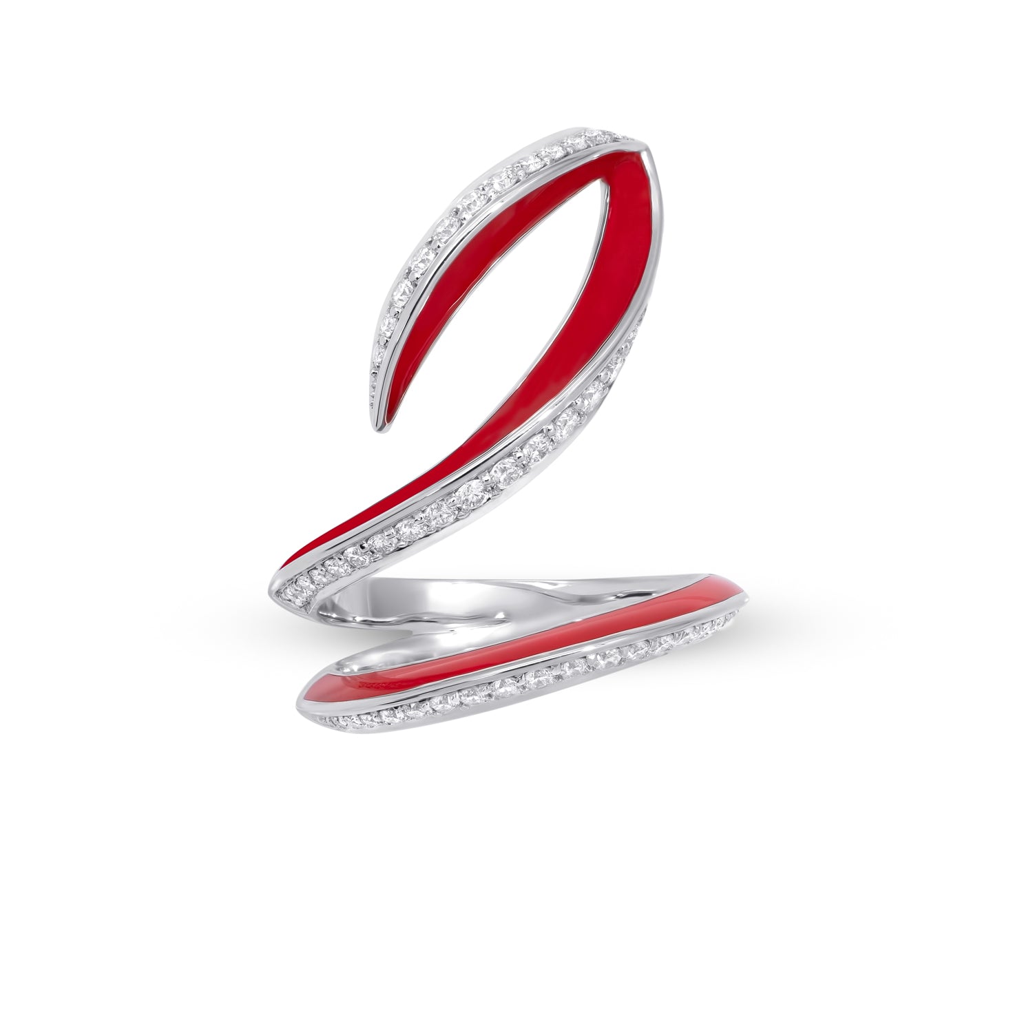 VIVA geschwungener Ring mit Diamant und roter Emaille