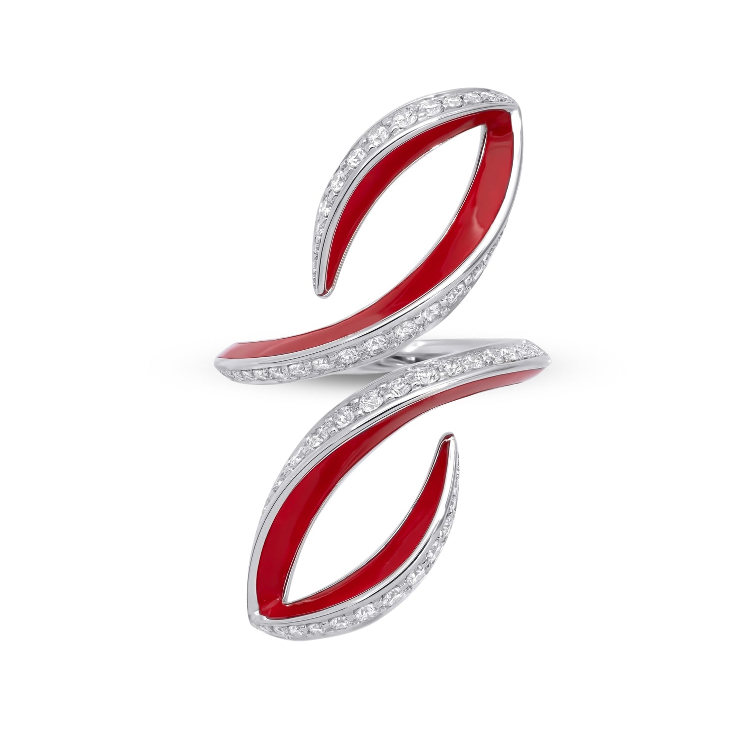 VIVA Double Curved Ring with Diamonds and Red Enamel